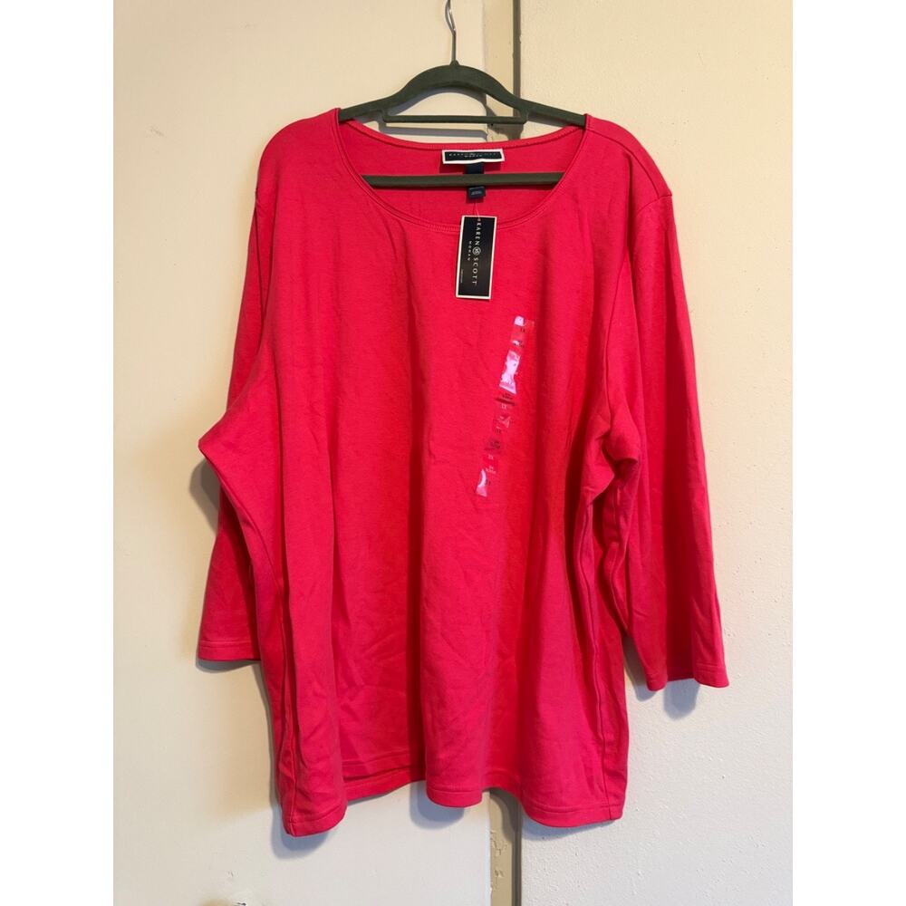 Karen Scott Women Hot Pink 3/4 Sleeve Scoop Neck Cotton T-Shirt Top Plus Size 3X - Picture 2 of 5
